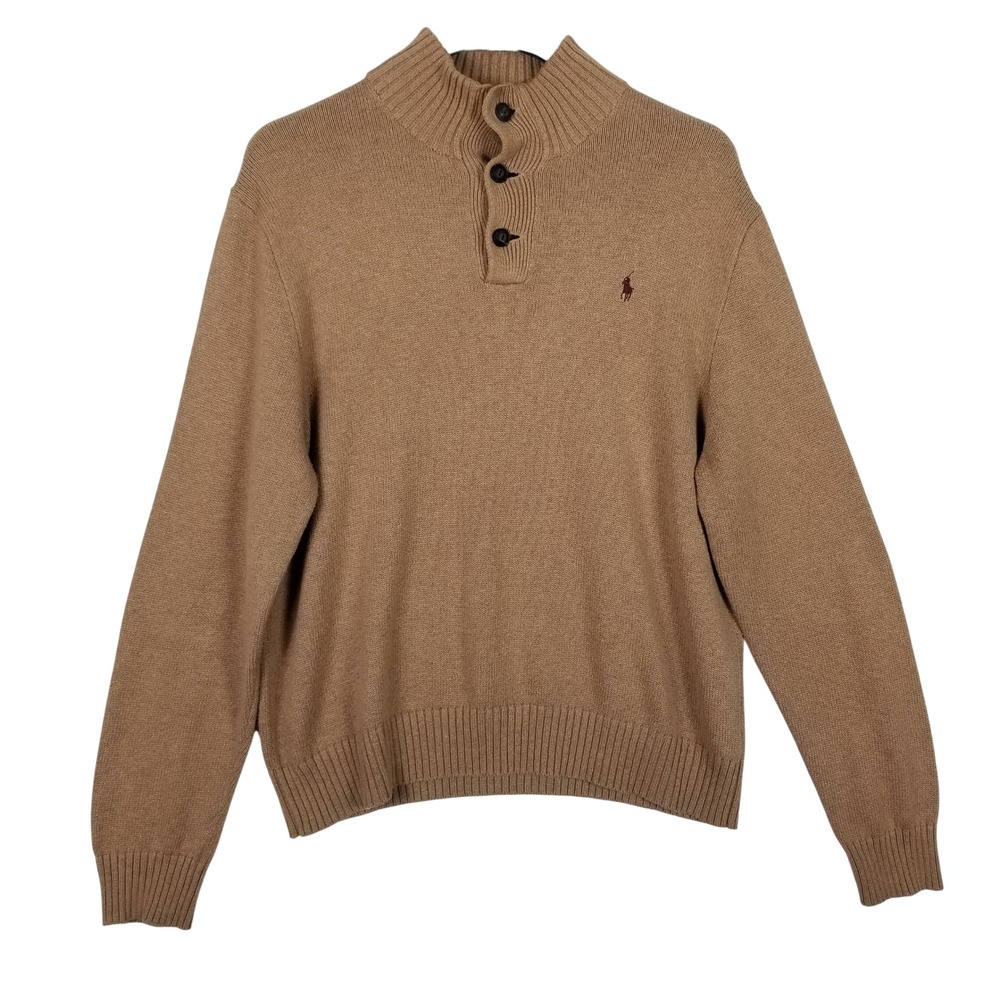 Polo Ralph Lauren Sweater Men XL Tan Cotton Mock Neck Button Pony Logo